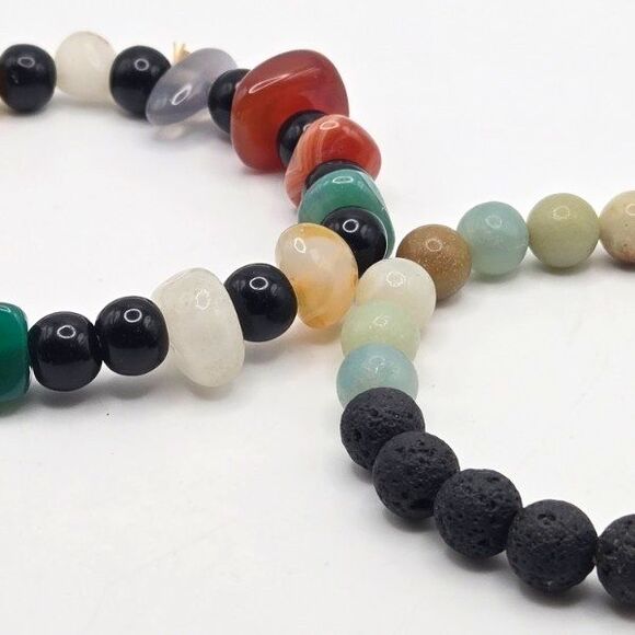 Two Handmade Natural Stone Variety Multicolor Beaded Stretch Bracelets - Picture 1 of 4